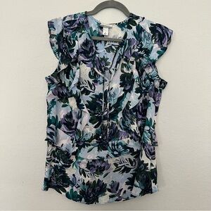 Ava & Viv Purple Teal Floral Ruffle Tie-Front Blouse